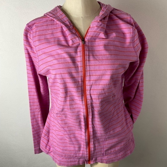 ❤️ Eddie Bauer Purple Orange Striped Sweatshirt Jacket Sz L - Picture 1 of 4